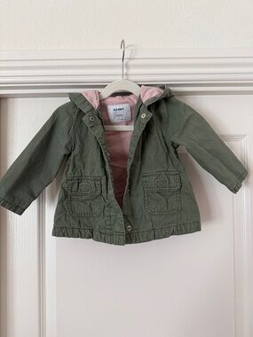 Old Navy Olive Green Hooded Raincoat with Pink Lining